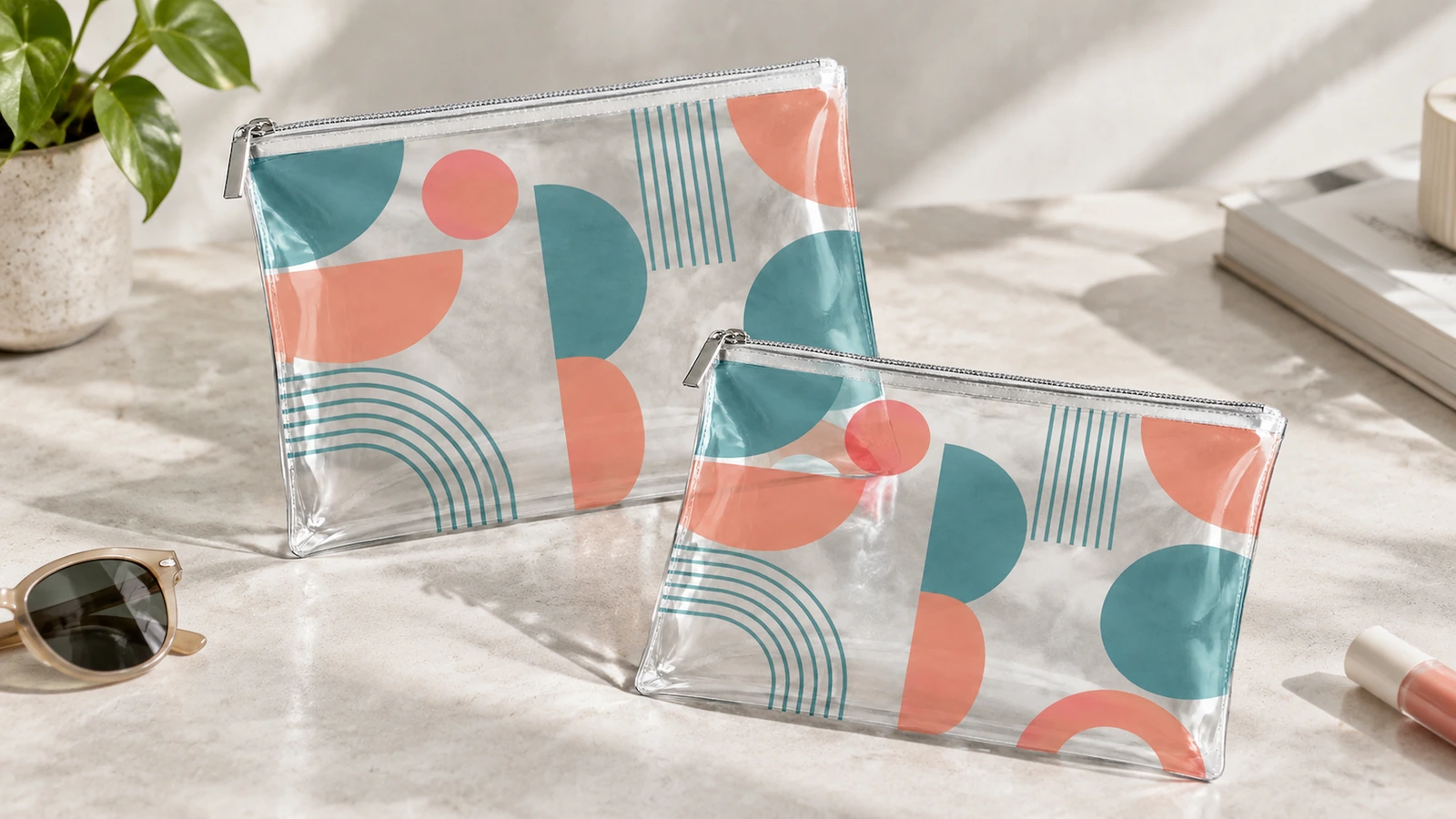 Exibição de bolsas transparentes com zíper impressas Duas bolsas transparentes com zíper impressas sobre uma mesa, ao lado de acessórios pessoais