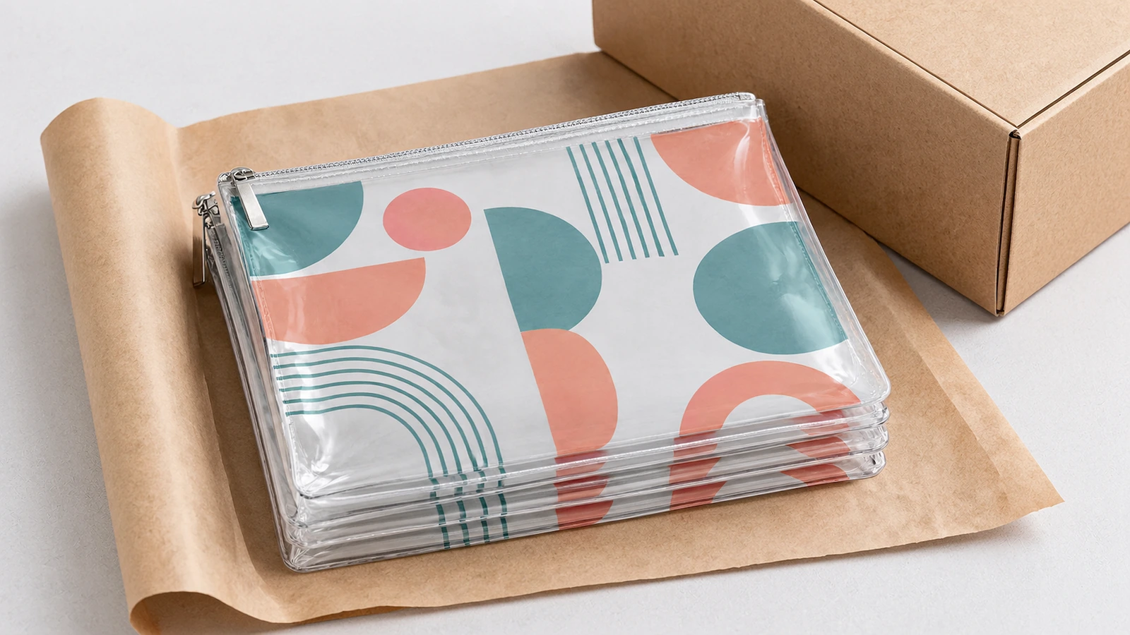Bolsas transparentes e materiais de embalagem Bolsas transparentes com zíper empilhadas sobre papel kraft, ao lado de uma caixa de papelão