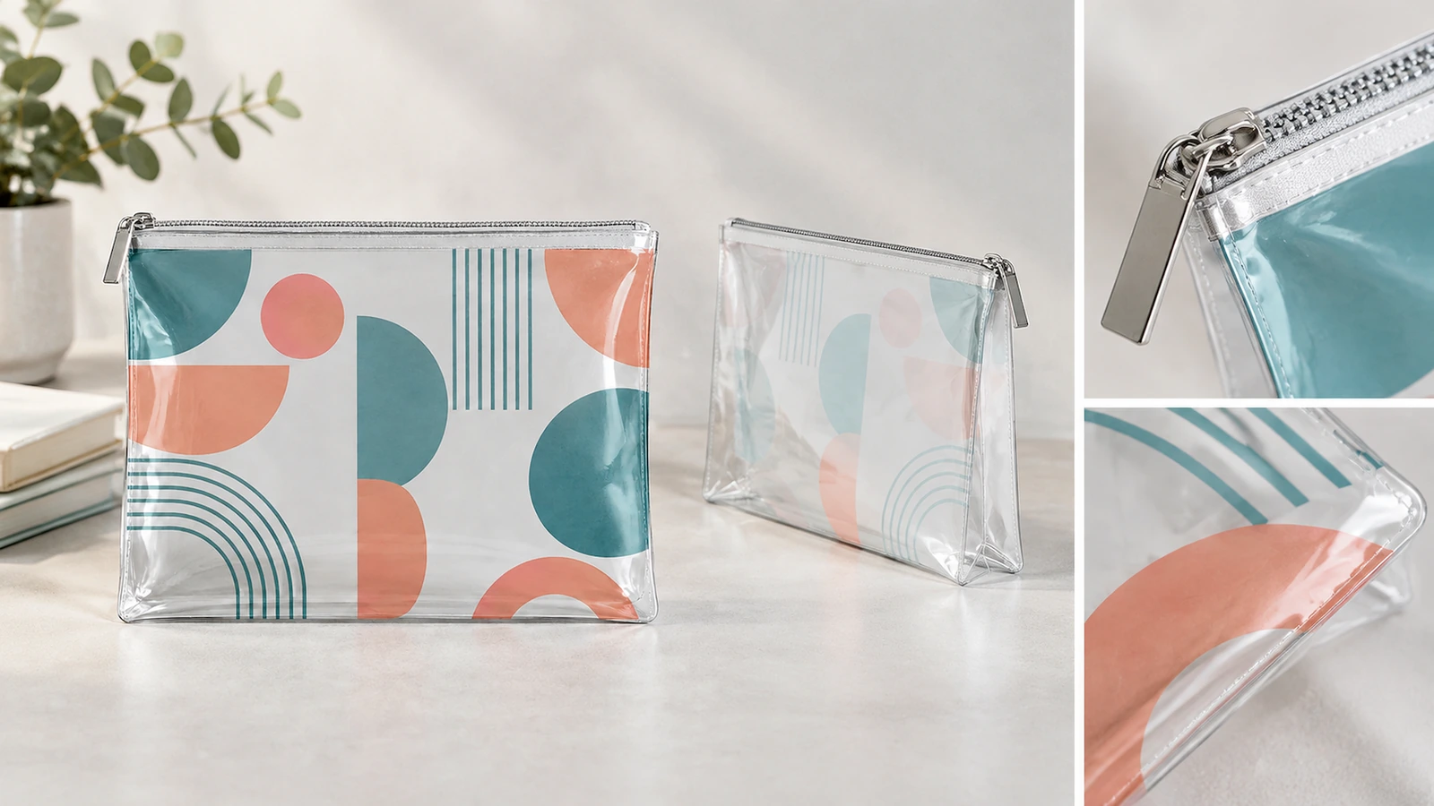 Vistas de bolsas transparentes com zíper e detalhes de construção Exibição da frente e do verso da bolsa, com close-ups do zíper e da costura