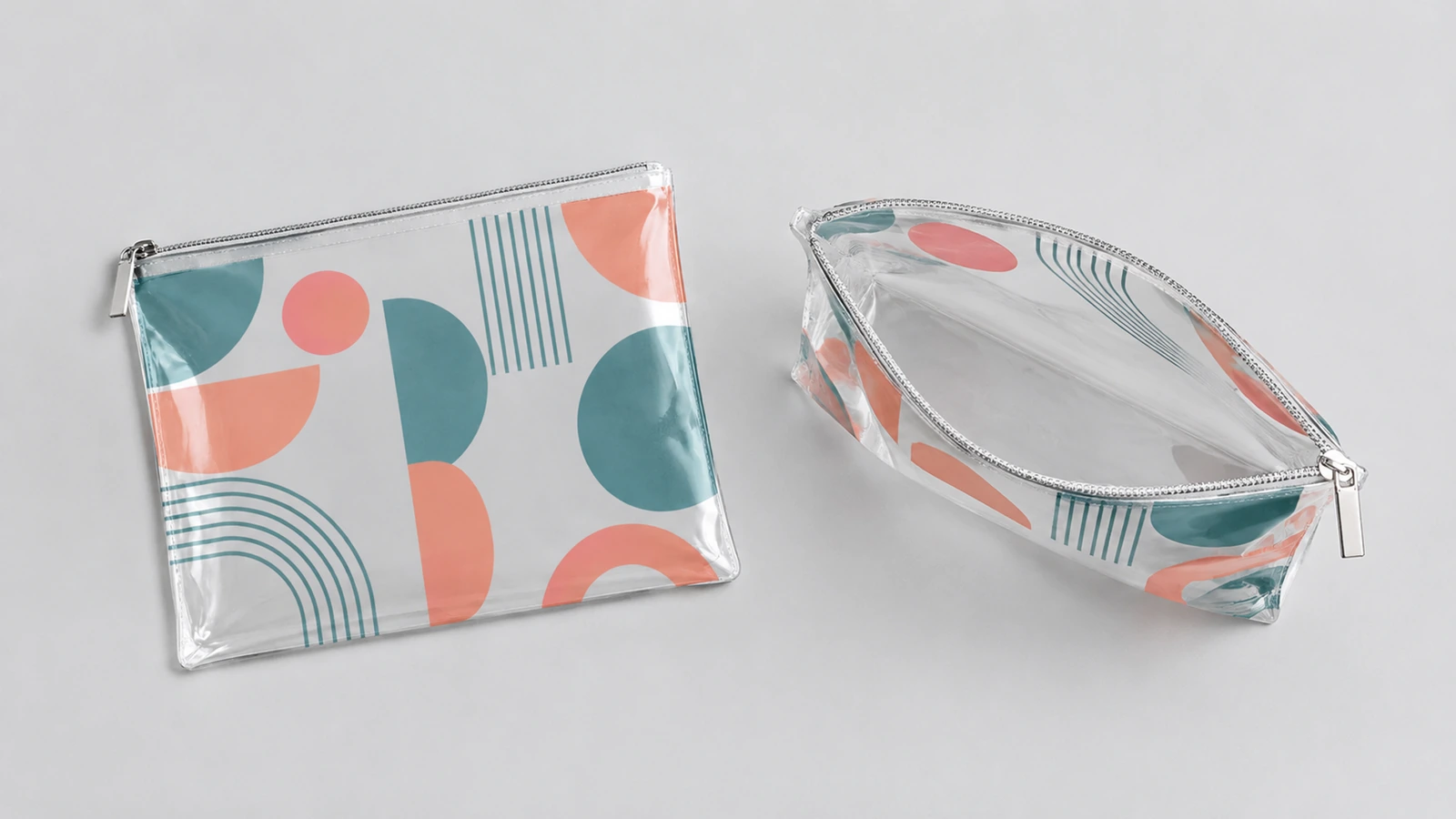 Bolsas com zíper impressas, fechadas e abertas Bolsas transparentes com zíper, fechadas e abertas, com estampa geométrica em coral e verde-azulado