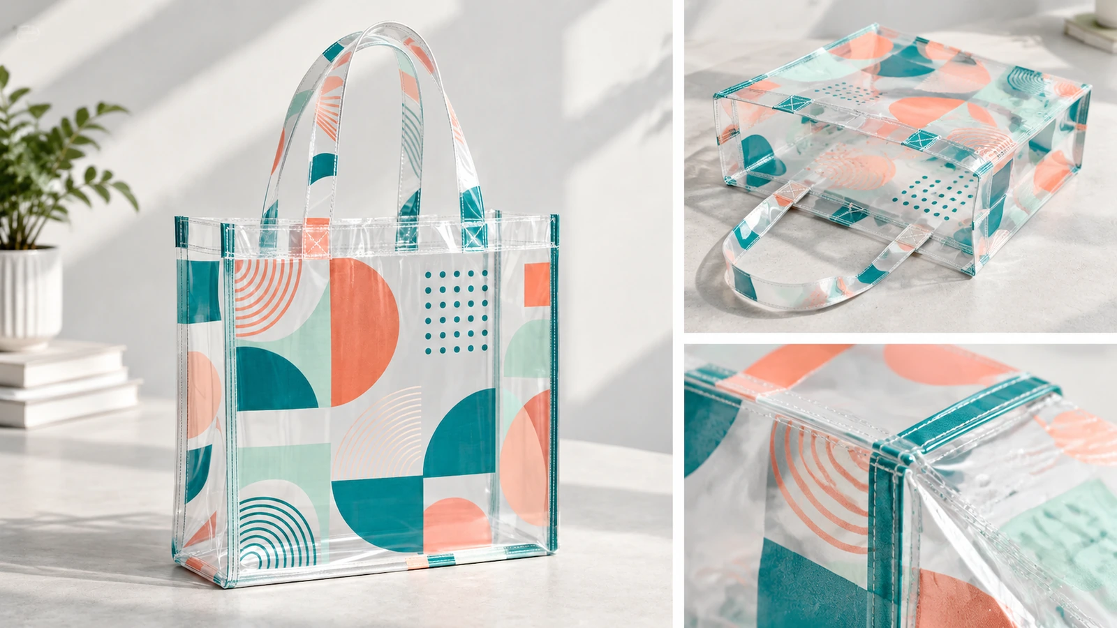 Exibição de bolsa tote transparente e detalhes de construção Exibição de bolsa tote transparente com detalhes internos de bolsa dobrada e costuras