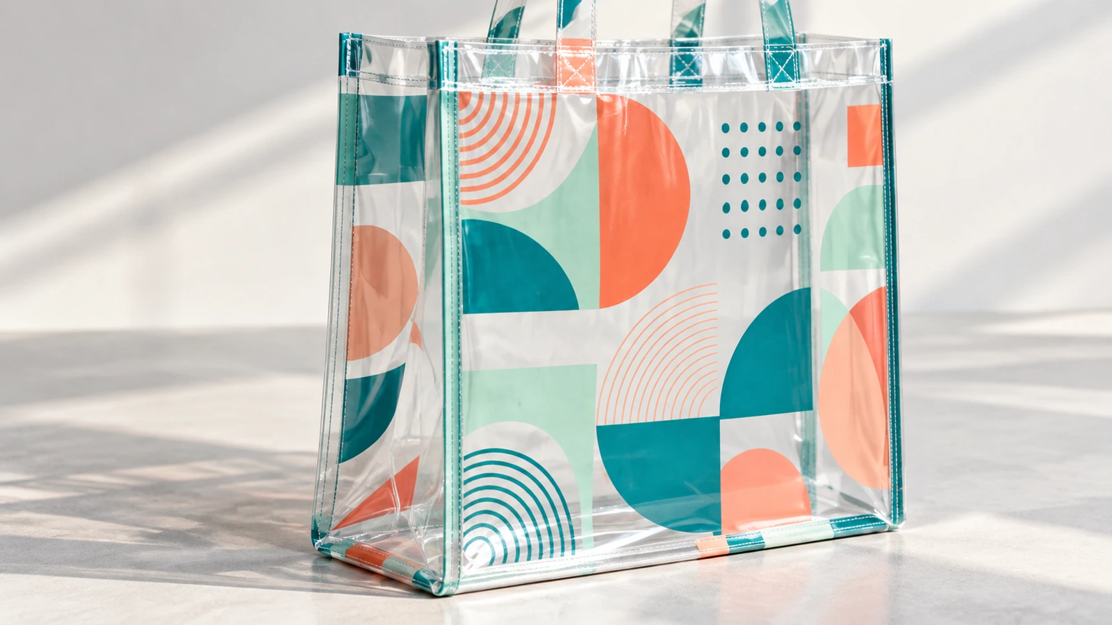 Exibição de bolsa tote transparente impressa Bolsa tote transparente em pé, com estampa geométrica em coral e verde-azulado