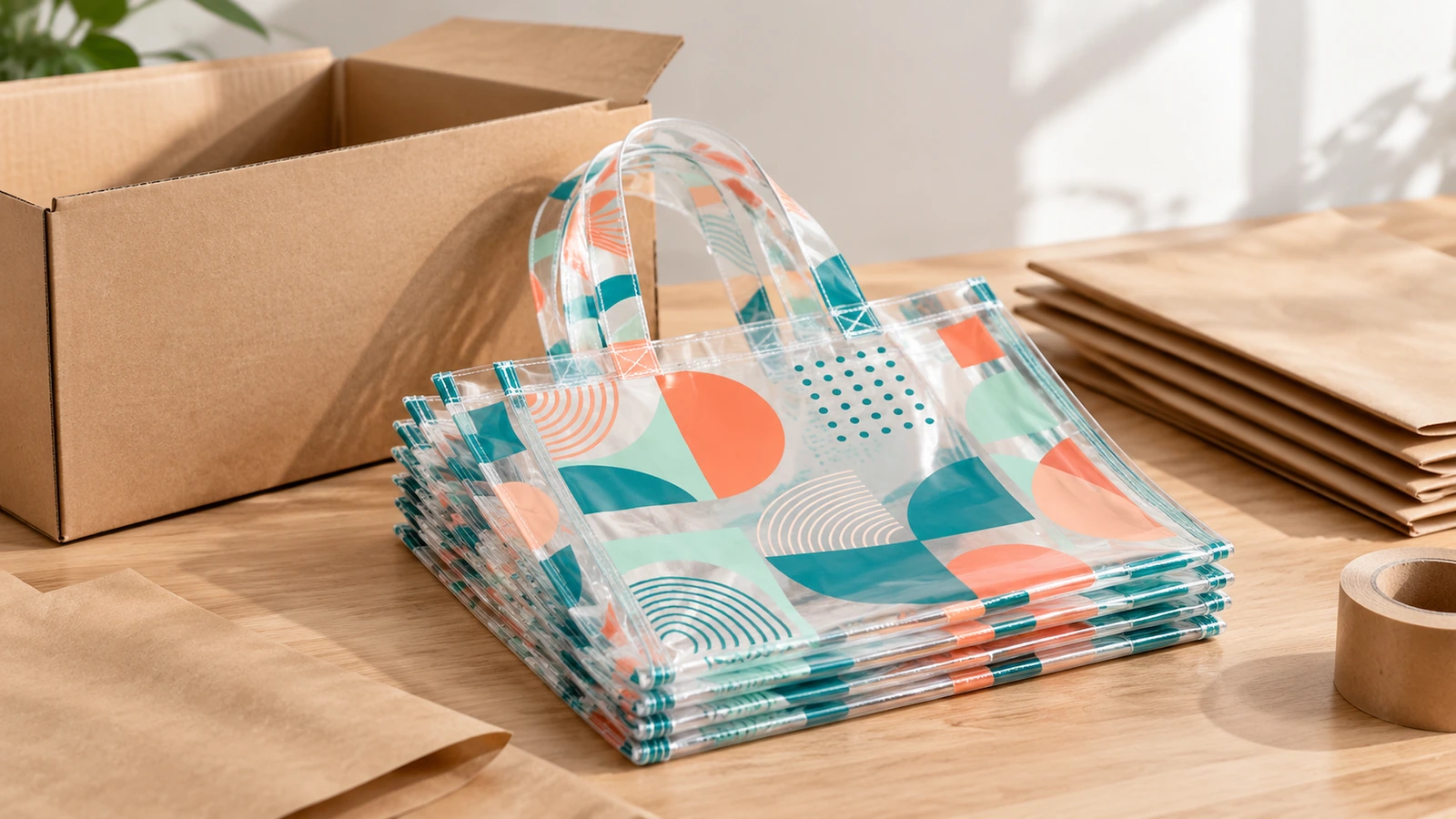 Bolsas tote transparentes e materiais de embalagem Bolsas tote transparentes empilhadas ao lado de uma caixa de papelão, papel kraft e fita adesiva de embalagem