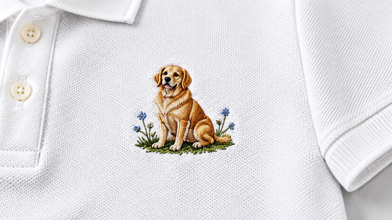 Close do bordado de cachorro com pequenas flores em tecido de polo branco texturizado
