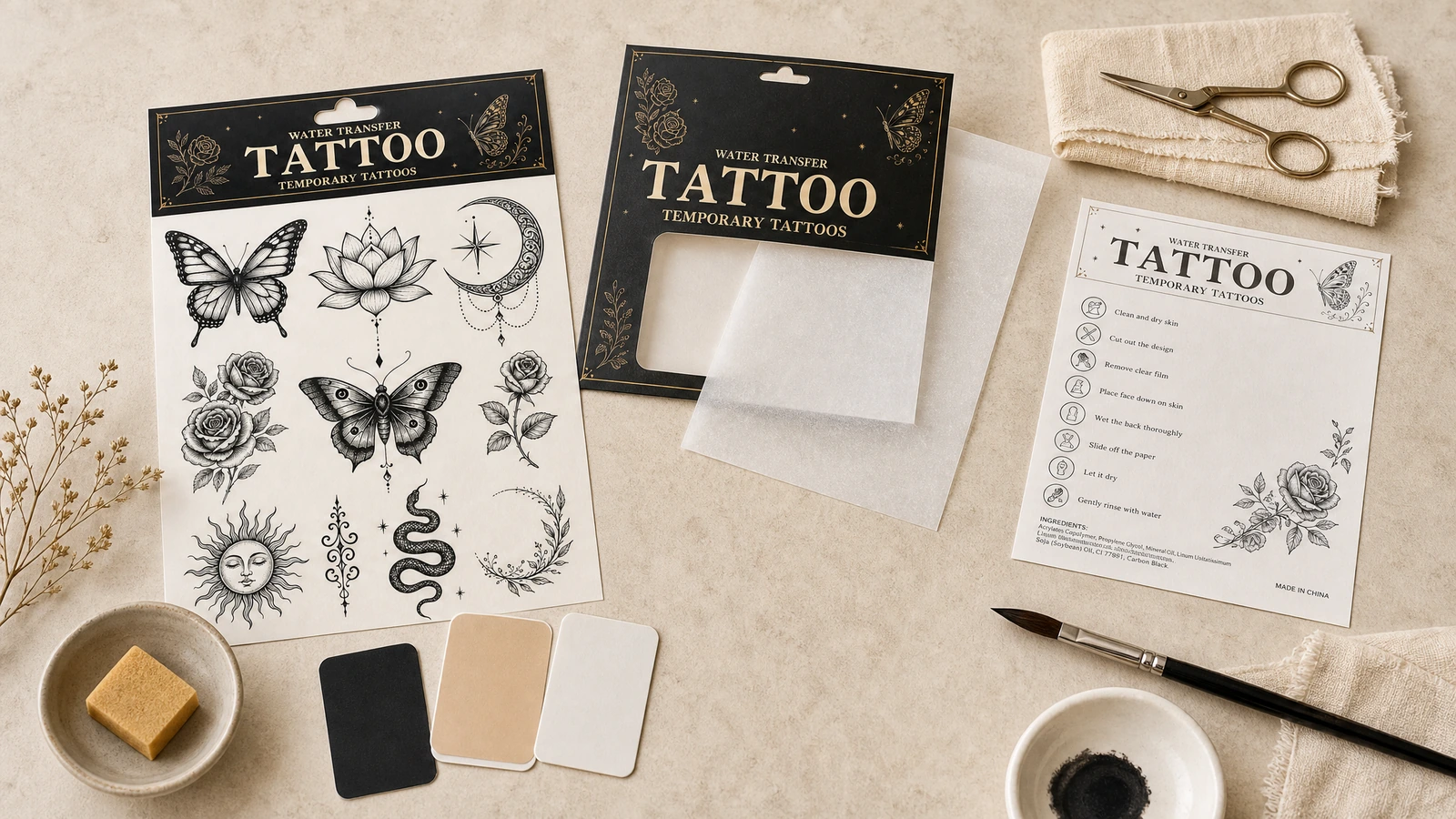 Folha de tatuagem temporária em arte de linhas pretas, ao lado da embalagem, de uma tesoura e de um cartão de instruções