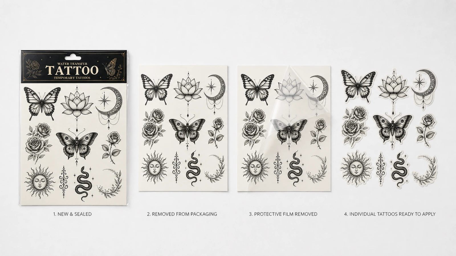 Exibição em 4 painéis de uma folha de tatuagem sendo desembalada e preparada para aplicação