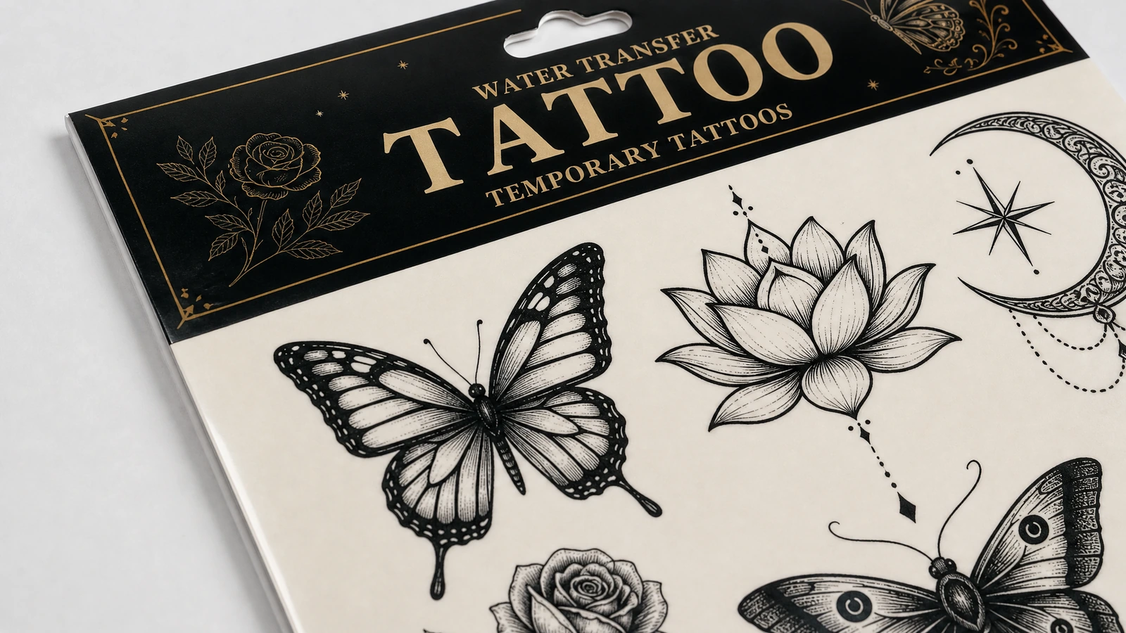 Close de desenhos de borboleta, lótus e meia-lua abaixo de um cabeçalho preto de tatuagem