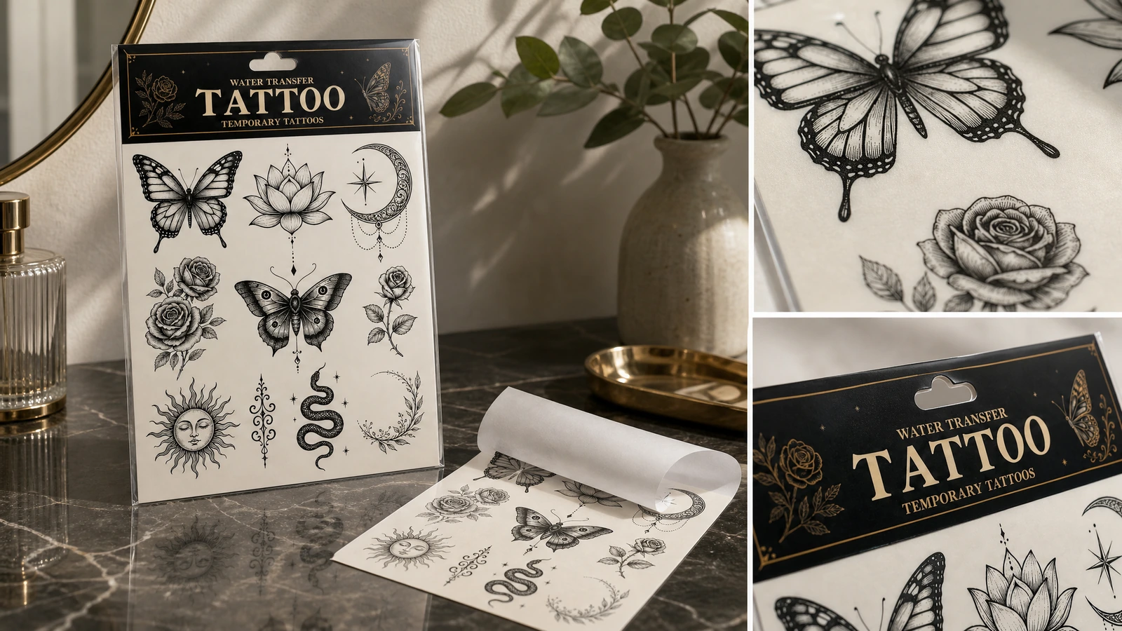 Colagem de uma folha de tatuagem, papel de suporte desenrolado e detalhes da arte em close