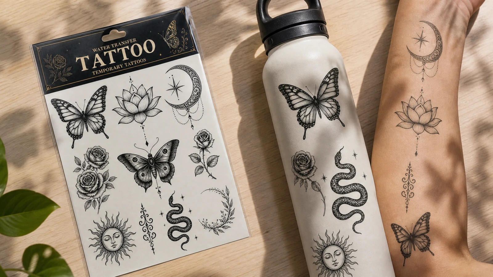 Folha de tatuagem ao lado de um frasco decorado e de um antebraço exibindo motivos correspondentes