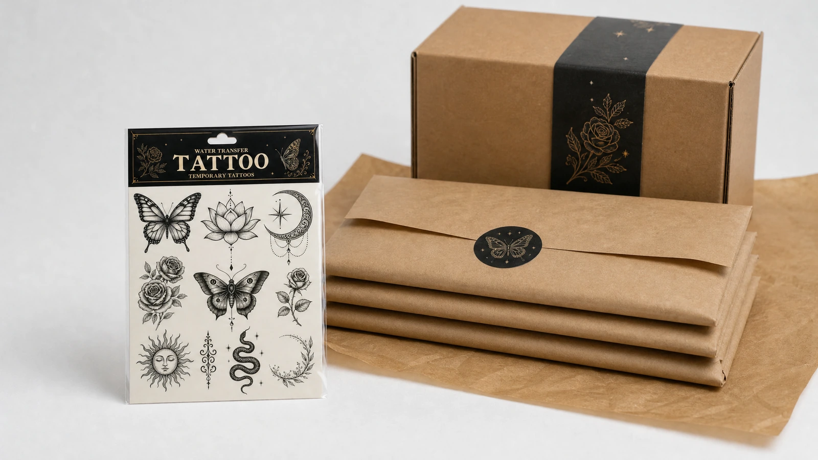Folha de tatuagem ao lado de envelopes kraft empilhados e de uma caixa marrom