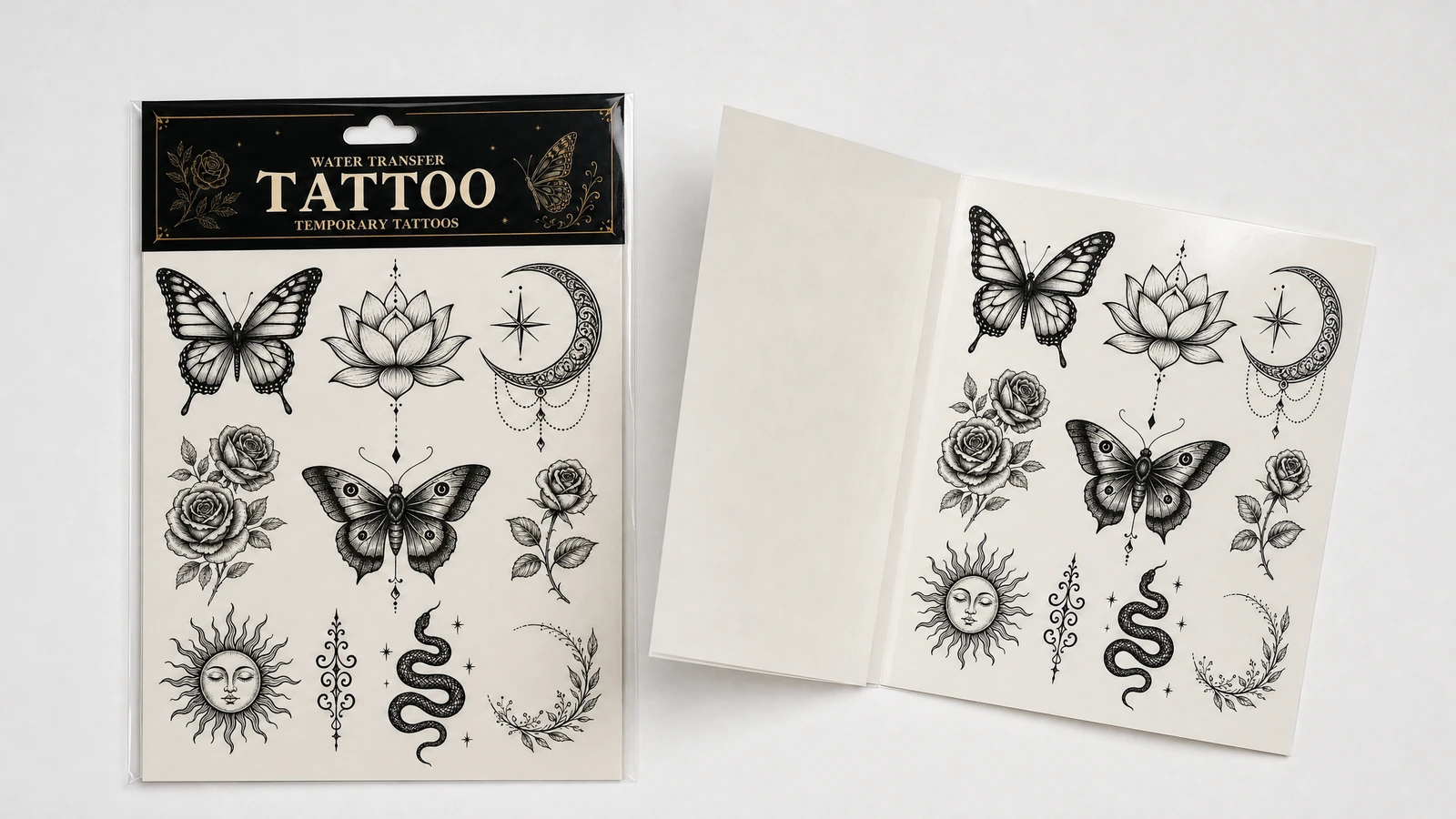 Folha de tatuagem embalada ao lado do papel de suporte e de uma folha correspondente sem embalagem