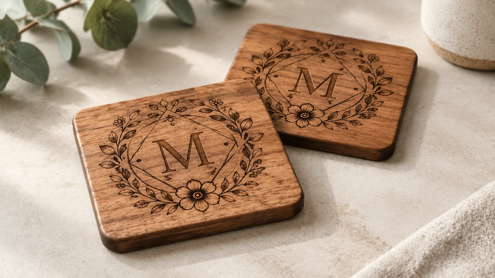 Dois porta-copos quadrados de madeira gravados com monograma floral sobre uma superfície de linho