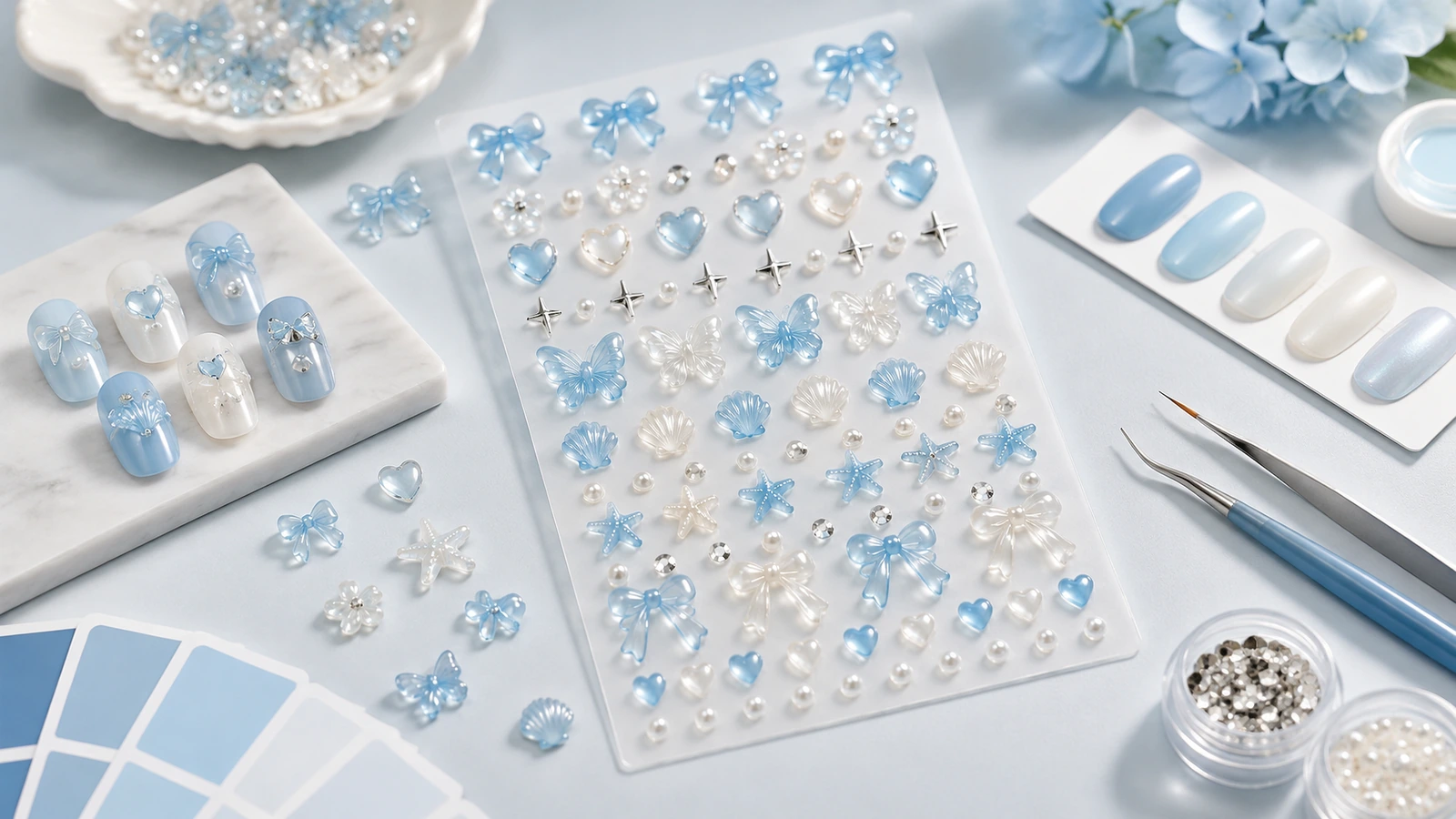 Folhas de decoração em relevo azuis e perolados para unhas ao lado de amostras de unhas e pinças