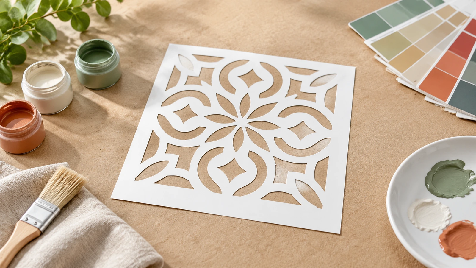 Estêncil floral branco ao lado de potes de tinta, um pincel e amostras de cores