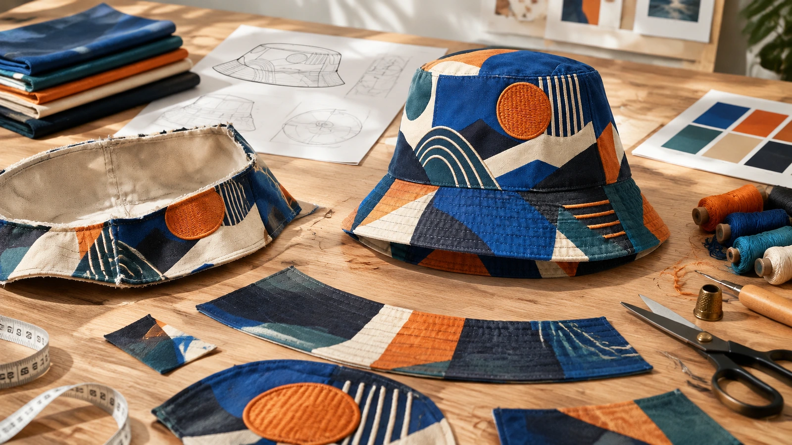 Chapéus bucket com padrão geométrico e peças de tecido ao lado de linha, esboços e amostras de cor