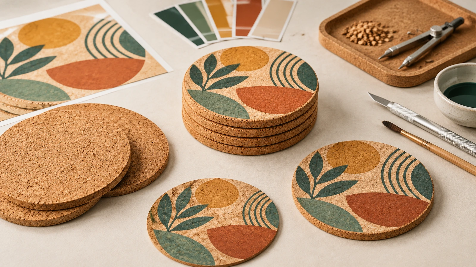Descansos de copo de cortiça impressos e materiais de design Descansos de copo redondos de cortiça com arte abstrata em verde e laranja, ao lado de discos de cortiça lisos e ferramentas de arte