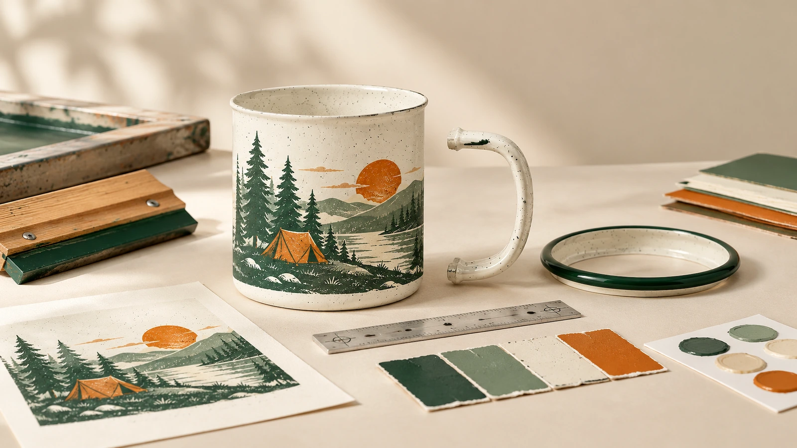 Materiais de design de canecas de acampamento Corpo de caneca com design de acampamento ao lado de uma alça separada, anel de borda verde, arte, régua e amostras de cor