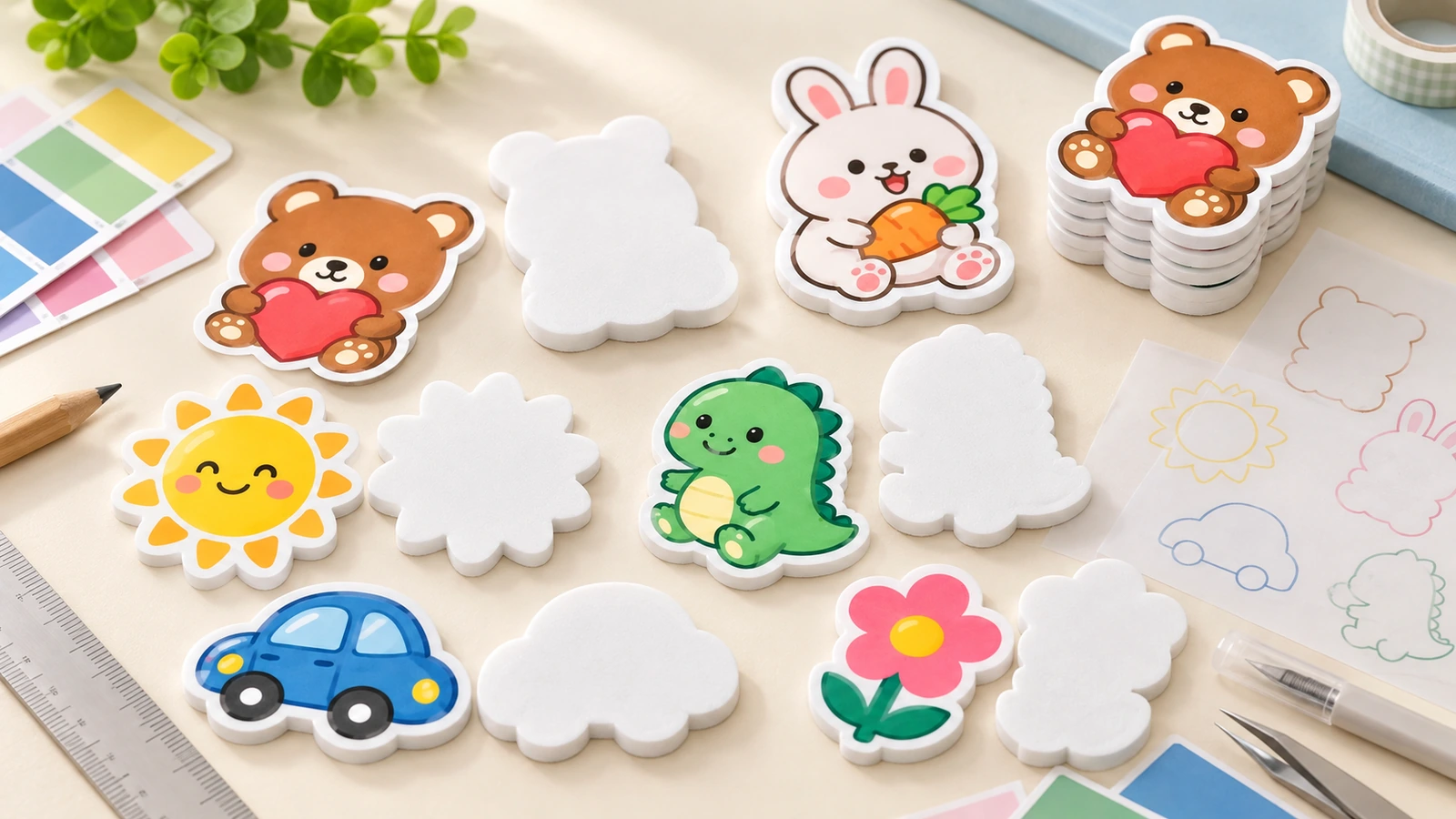Designs impressos de adesivos de espuma e formas recortadas em branco Adesivos de espuma coloridos em formato de urso, coelho, dinossauro, sol, carro e flor, ao lado de formas recortadas em branco e ferramentas de artesanato