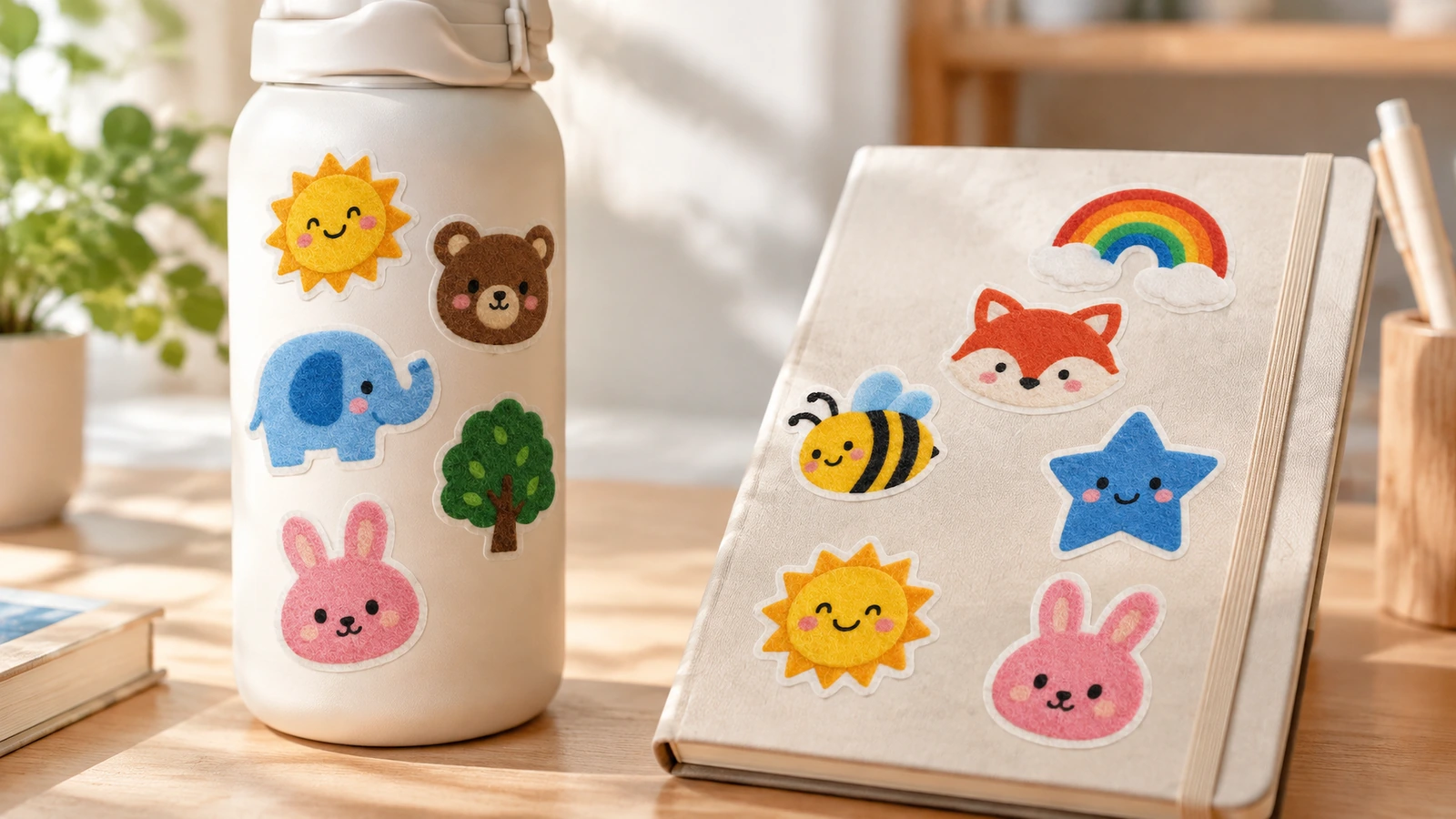 Adesivos de feltro coloridos de desenho animado decorando uma garrafa branca e um caderno de cor clara sobre uma mesa
