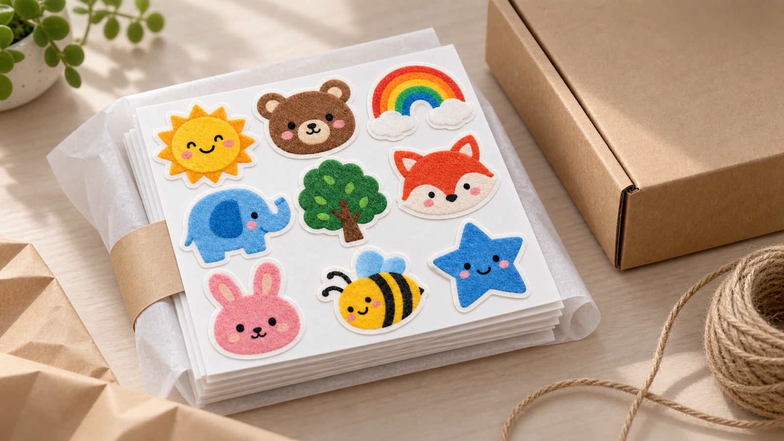 Folhas de adesivos de feltro empilhadas em envelopes transparentes, ao lado de uma caixa de papelão kraft aberta
