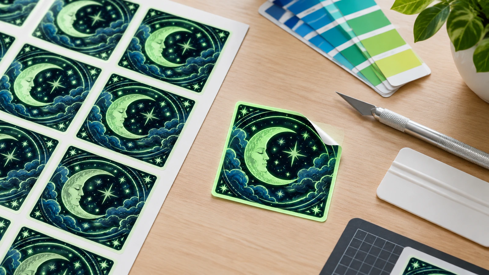 Folha de adesivos de lua e estrelas e adesivo quadrado avulso ao lado de um estilete e amostras de cores