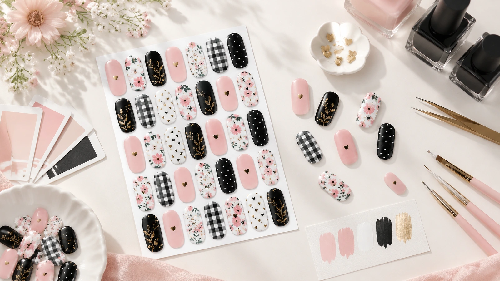Folha de desenhos para unhas com padrões rosa, preto, floral e xadrez vichy ao lado de frascos de esmalte e ferramentas