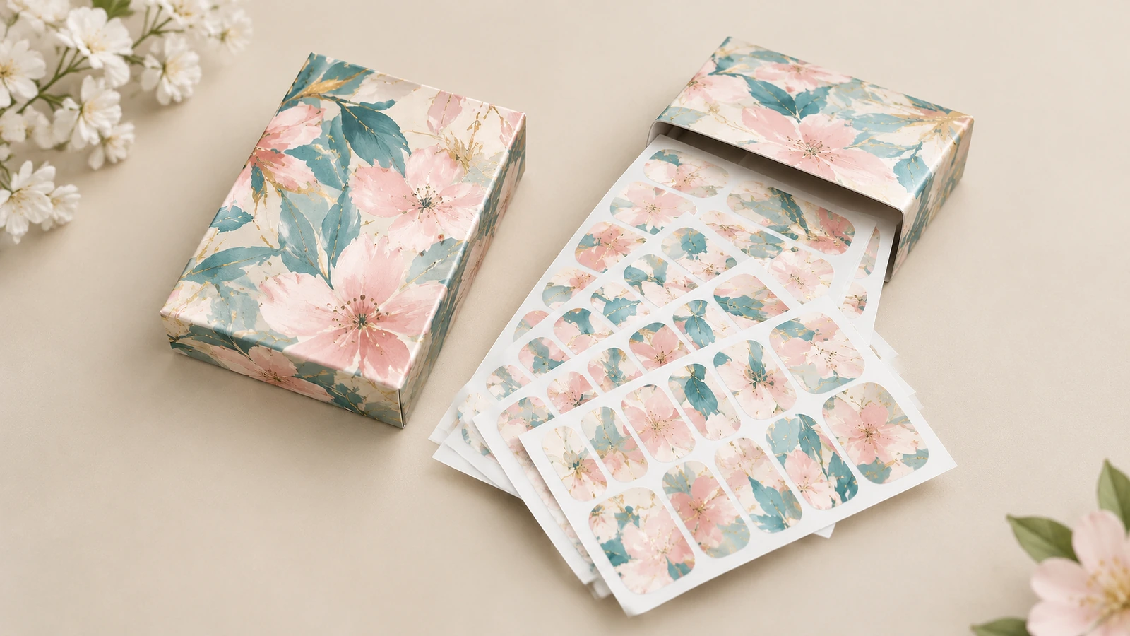 Tamanhos de wraps de unha florais em folhas de suporte Várias folhas de wraps de unha florais exibidas com caixas correspondentes