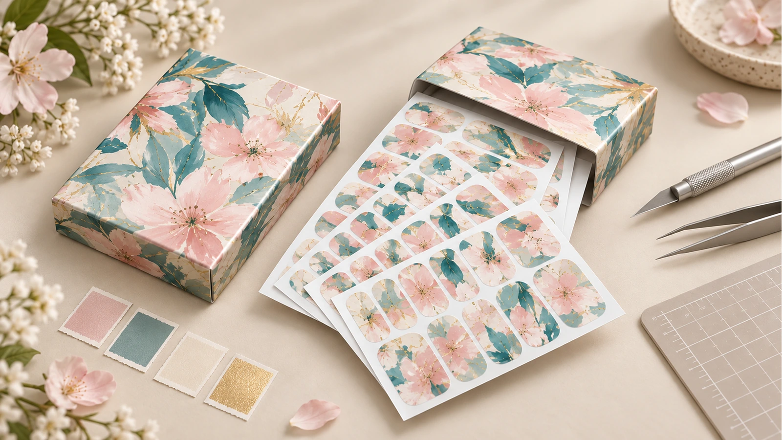 Folhas de wraps de unha florais e embalagem Folhas de wraps de unha florais saindo de caixas impressas correspondentes, ao lado de amostras de cor e ferramentas