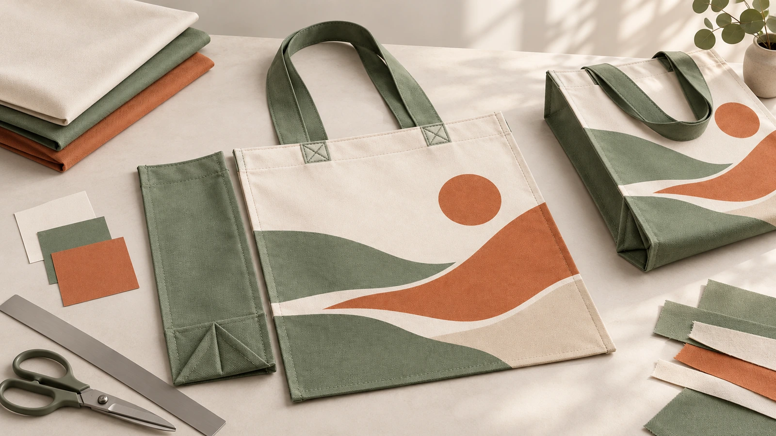 Sacola tote creme, verde e laranja com estampa de paisagem ao lado de amostras de tecido e tesoura