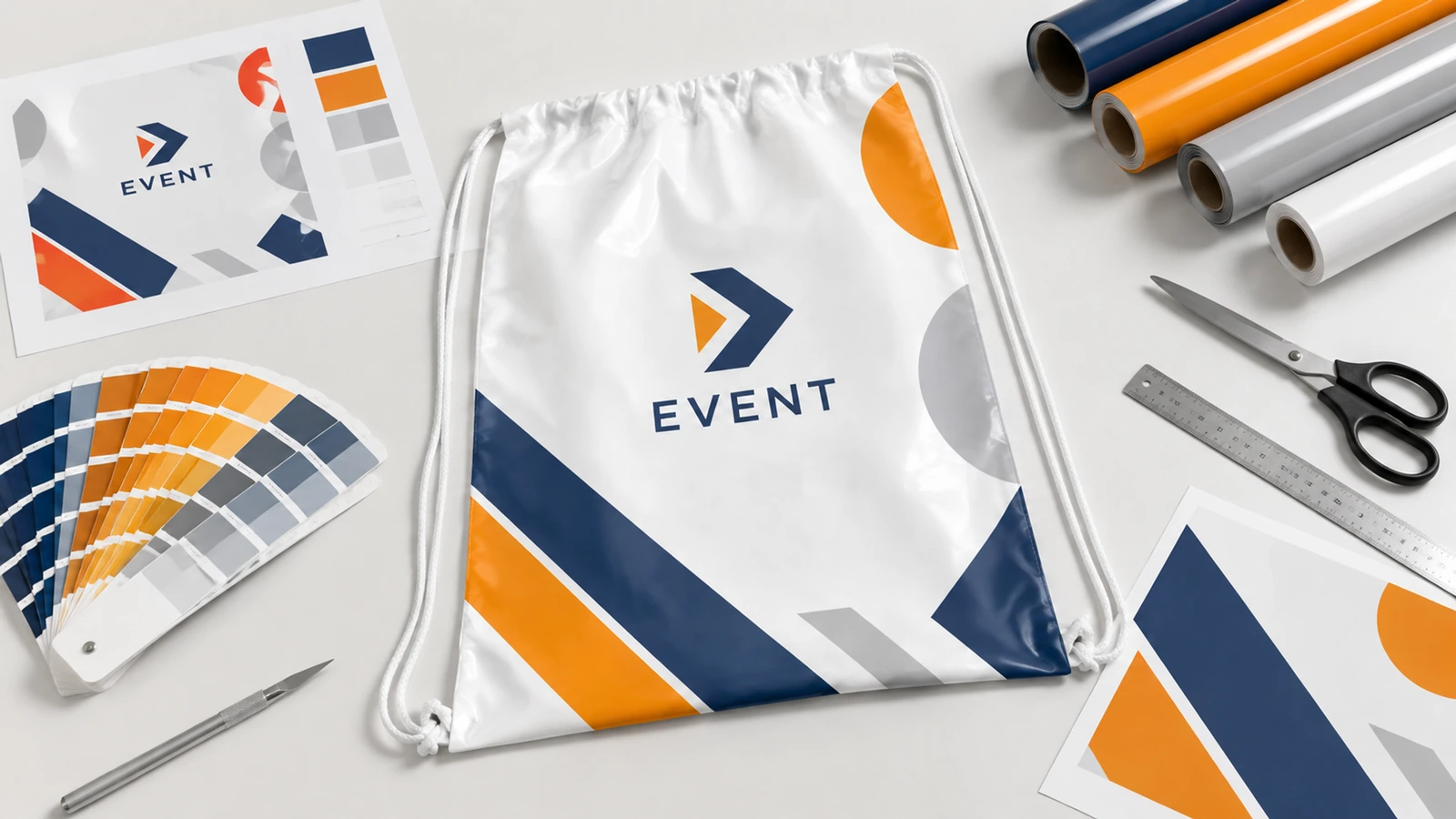 Arte de evento e bolsa com cordão Bolsa branca com cordão e arte de evento em azul, laranja e cinza ao lado de amostras de cor, folhas impressas e rolos