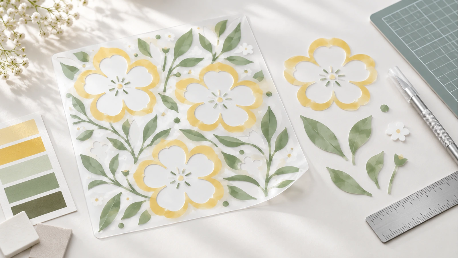 Arte de estêncil floral e ferramentas de artesanato Arte de estêncil floral em amarelo e verde, com régua, base de corte, estilete e amostras de cores