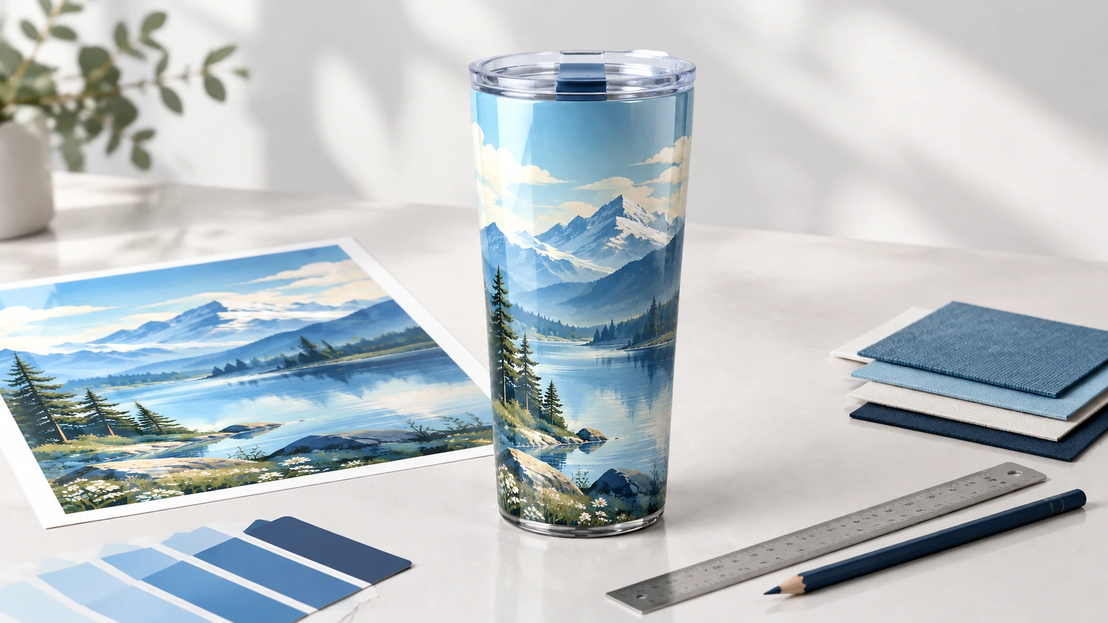 Copo de plástico com design de montanha ao lado de uma folha de arte, amostras de cor azul, régua e cadernos