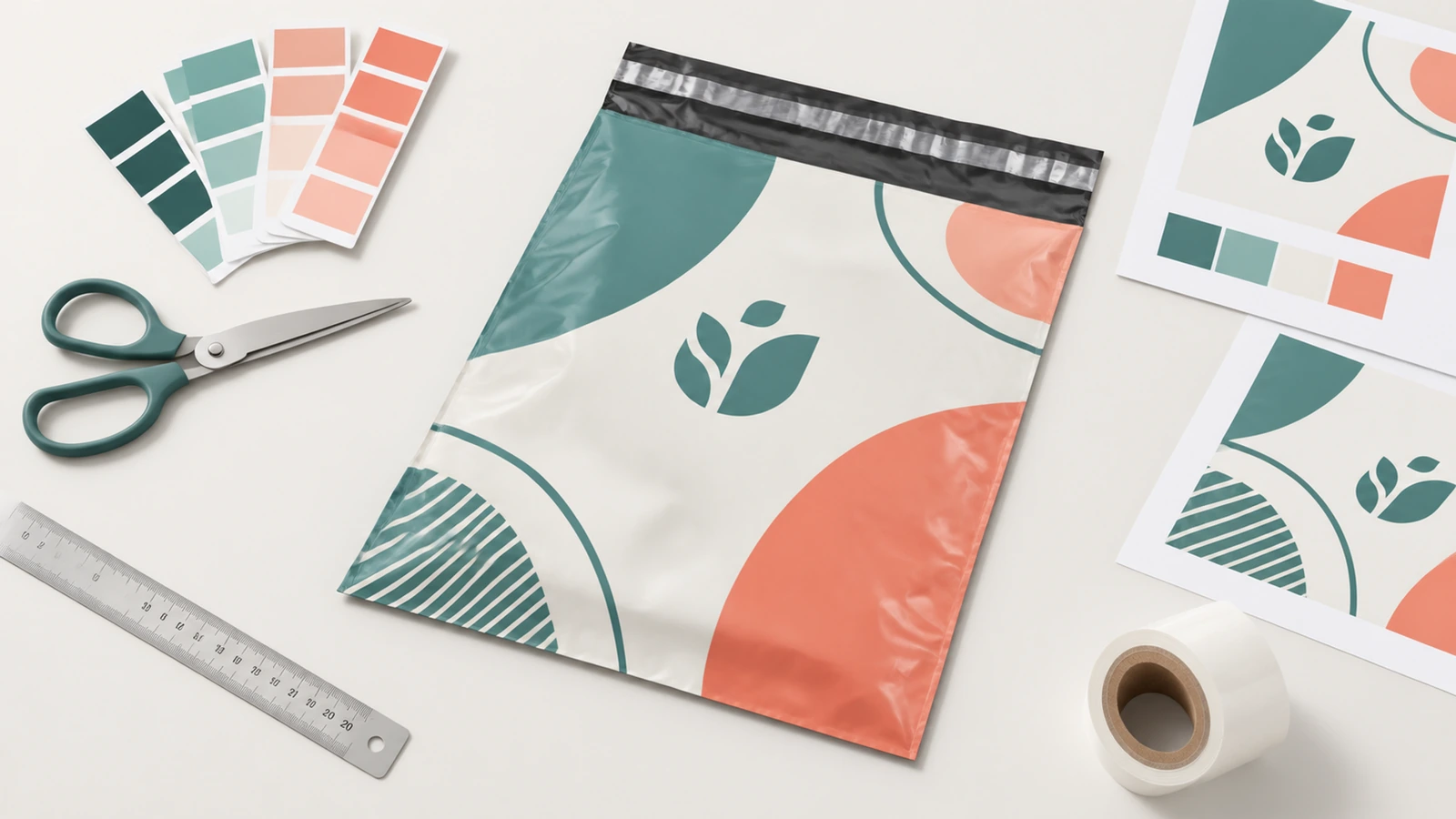 Ilustração de um envelope de envio impresso em verde, creme e coral ao lado de amostras de cor, folhas de arte e ferramentas