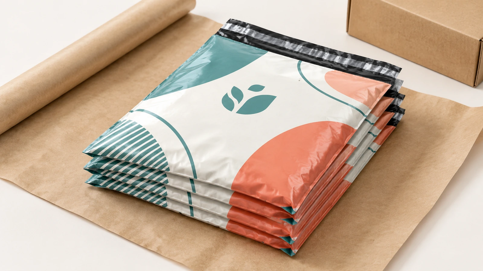 Ilustração de envelopes de envio impressos empilhados sobre papel kraft ao lado de uma caixa