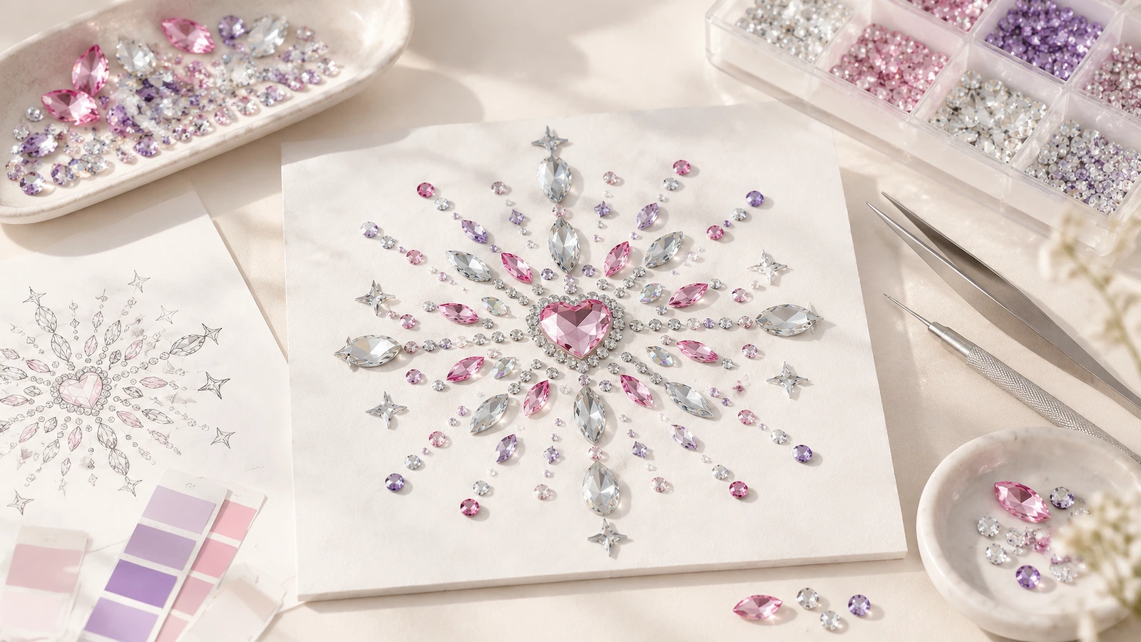 Motivo de strass rosa, roxo e transparente com centro em formato de coração sobre uma folha branca, ao lado de um esboço de design, amostras de cores e ferramentas
