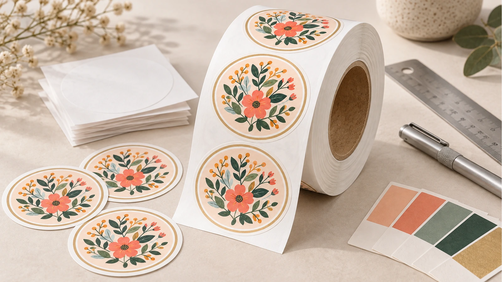 Rótulos florais redondos em rolo ao lado de amostras soltas de rótulos, folhas em branco, uma régua, uma caneta e amostras de cores