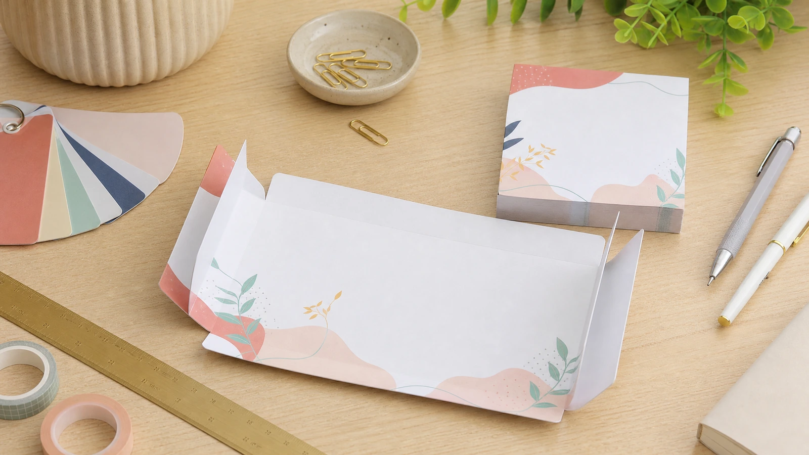Blocos de notas impressos sobre uma mesa Blocos de notas florais impressos e folhas de papel dobradas com canetas e amostras de cores sobre uma mesa