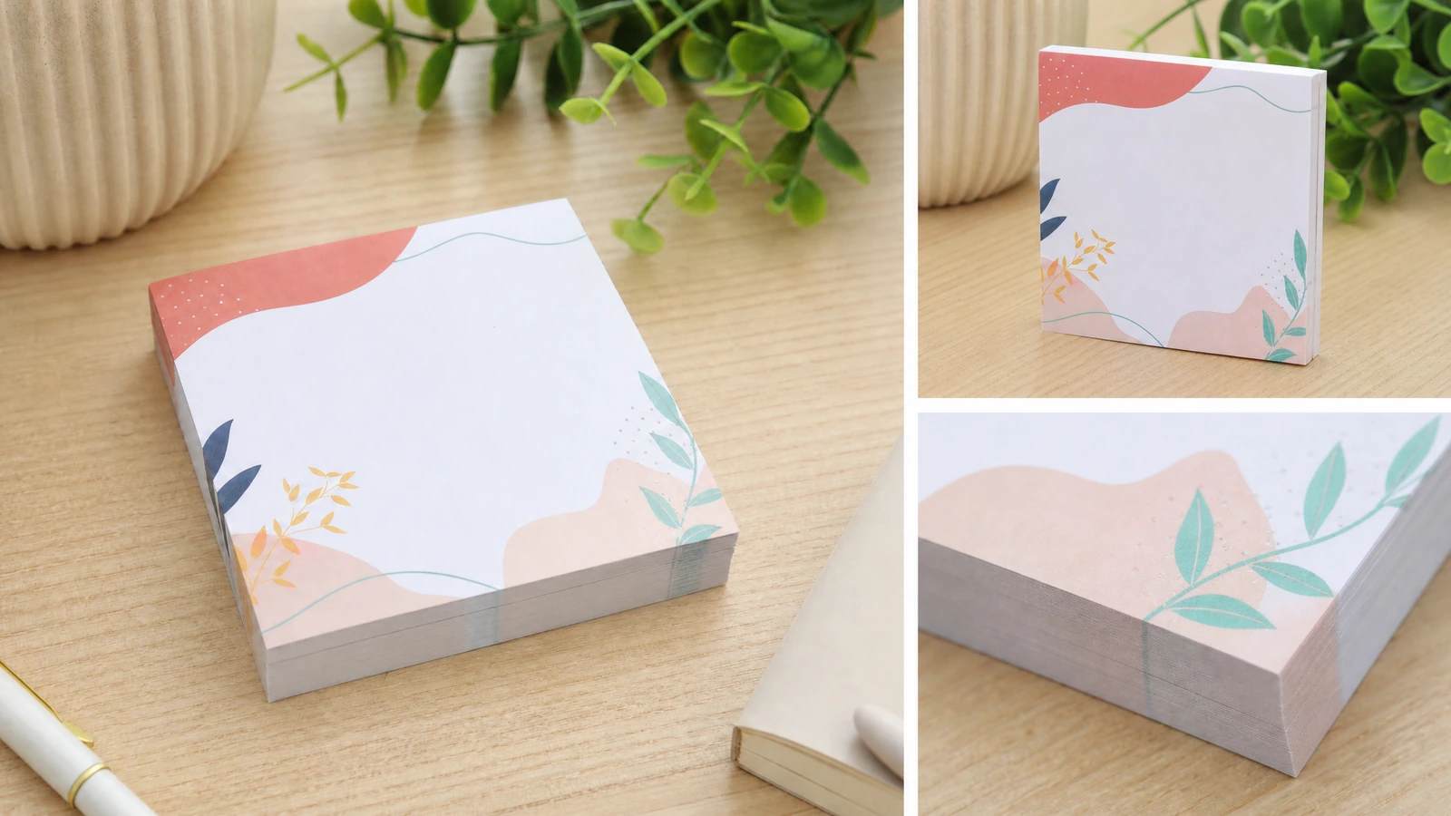 Colagem de detalhes de blocos de notas impressos Colagem mostrando um bloco de notas floral, em vista frontal, e detalhes das bordas do papel