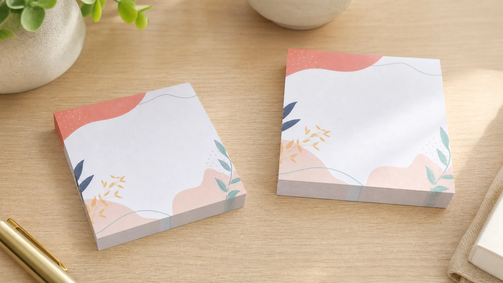 Dois blocos de notas impressos Dois blocos de notas florais impressos ao lado de canetas sobre uma mesa de madeira