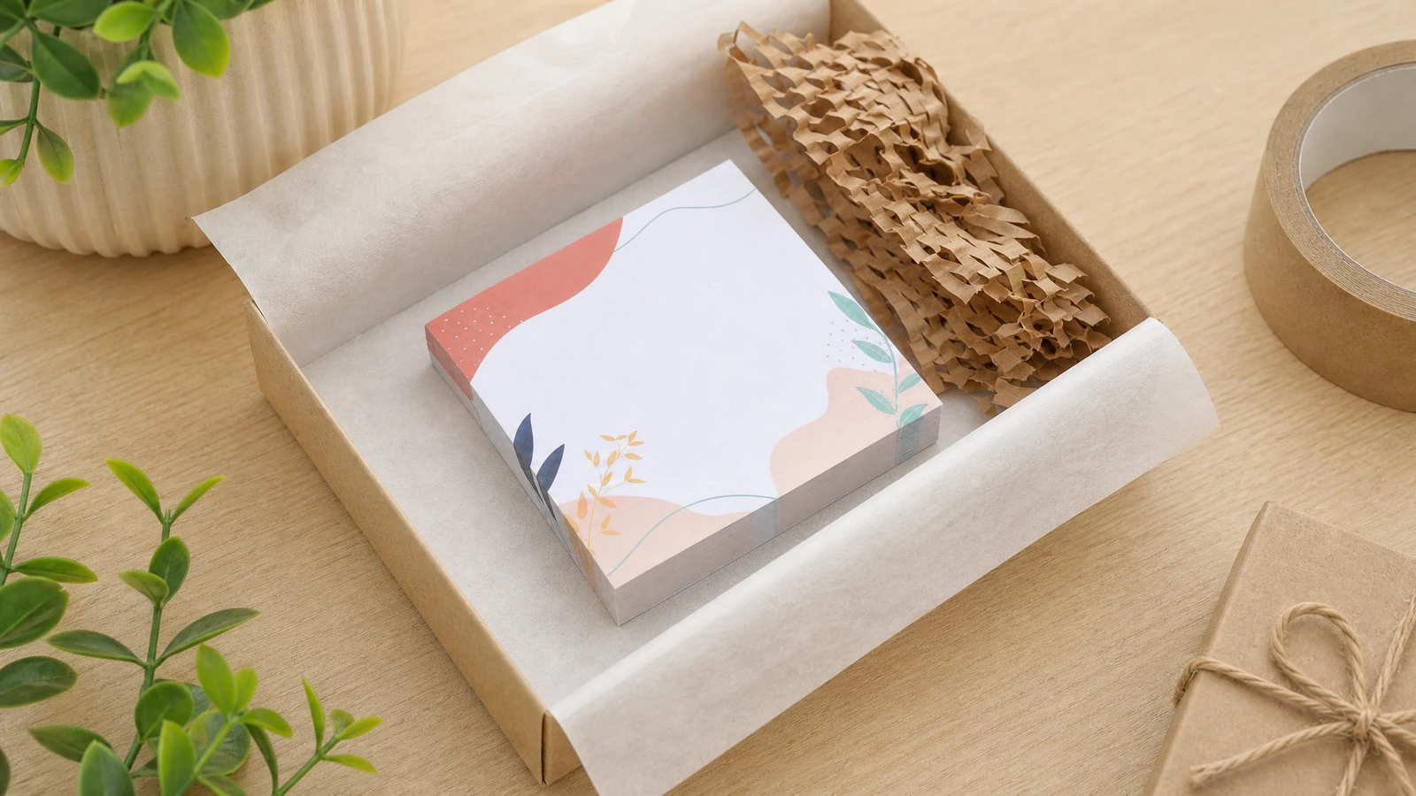 Bloco de notas embalado com enchimento de papel Bloco de notas impresso em caixa forrada com papel de seda e enchimento de papel em favo de mel