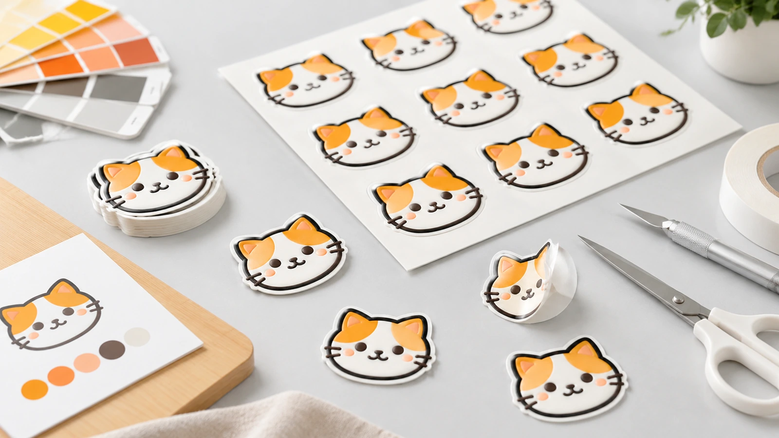 Adesivos de rosto de gato em folhas e avulsos, ao lado de amostras de cor e ferramentas de artesanato