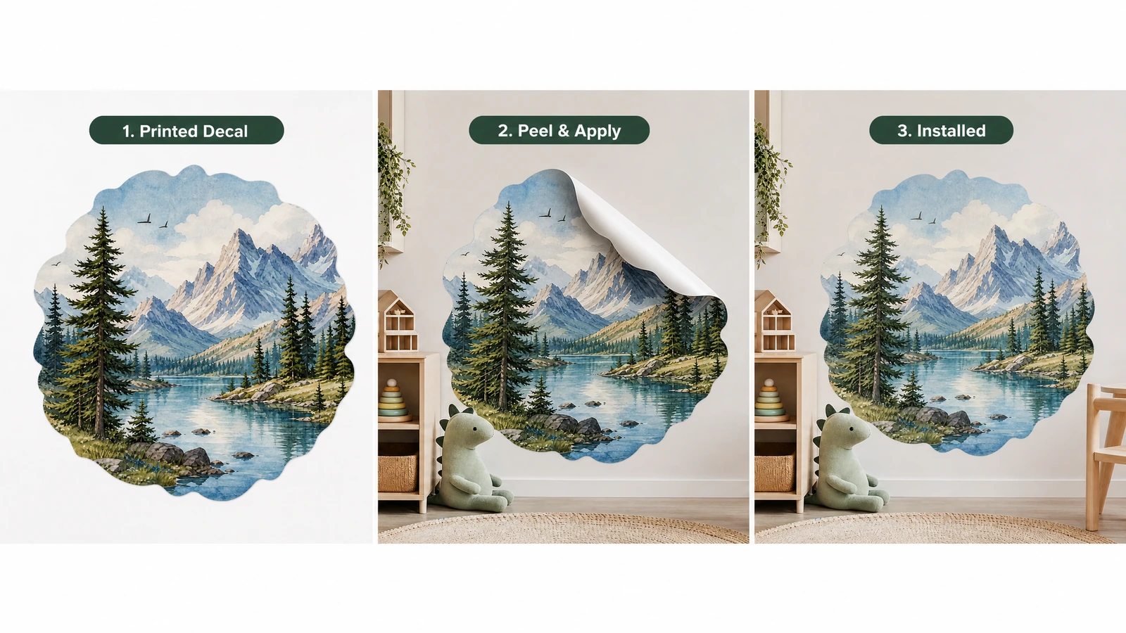 Ilustração de 3 painéis mostrando um adesivo com montanha e lago impresso, a etapa de descolar e aplicar e o resultado instalado