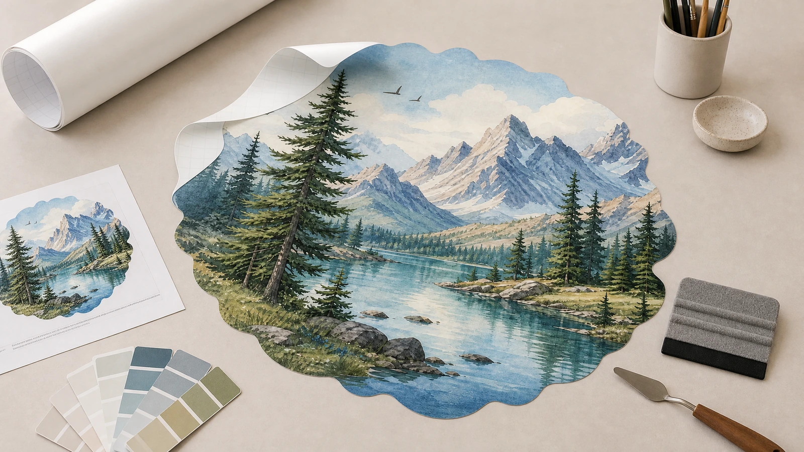 Adesivo de parede com montanha e lago sobre uma bancada de trabalho, com uma amostra impressa, amostras de cores e um rodo