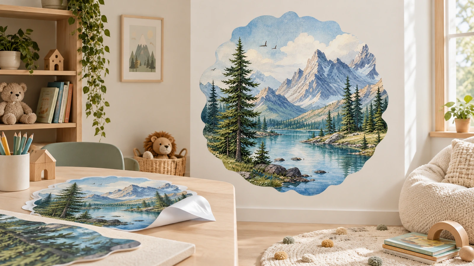 Adesivo com montanha e lago exibido na parede de um quarto infantil, com folhas de adesivos combinando sobre a mesa