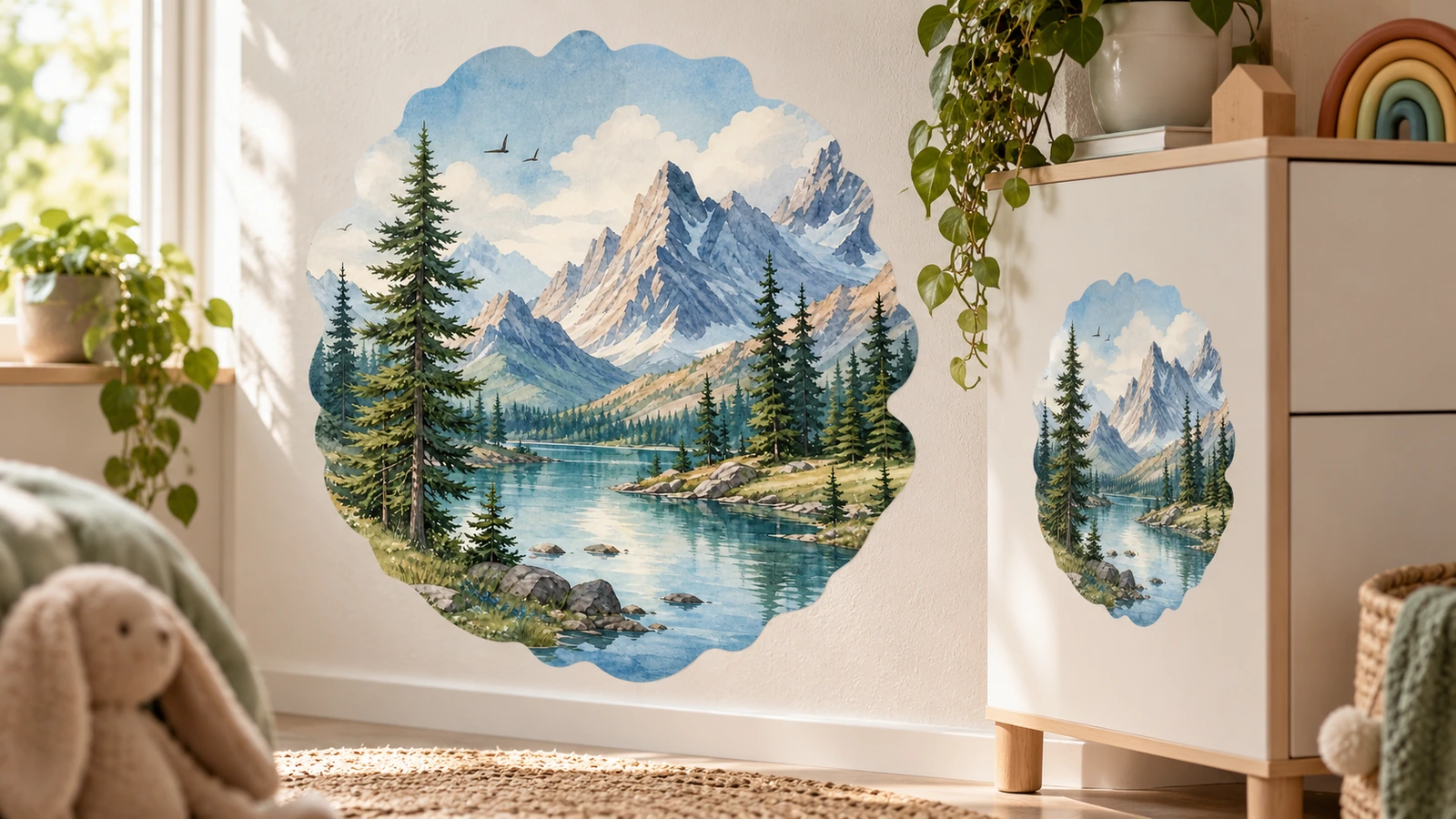 Adesivos com montanha e lago exibidos em uma parede e em um armário de um quarto infantil