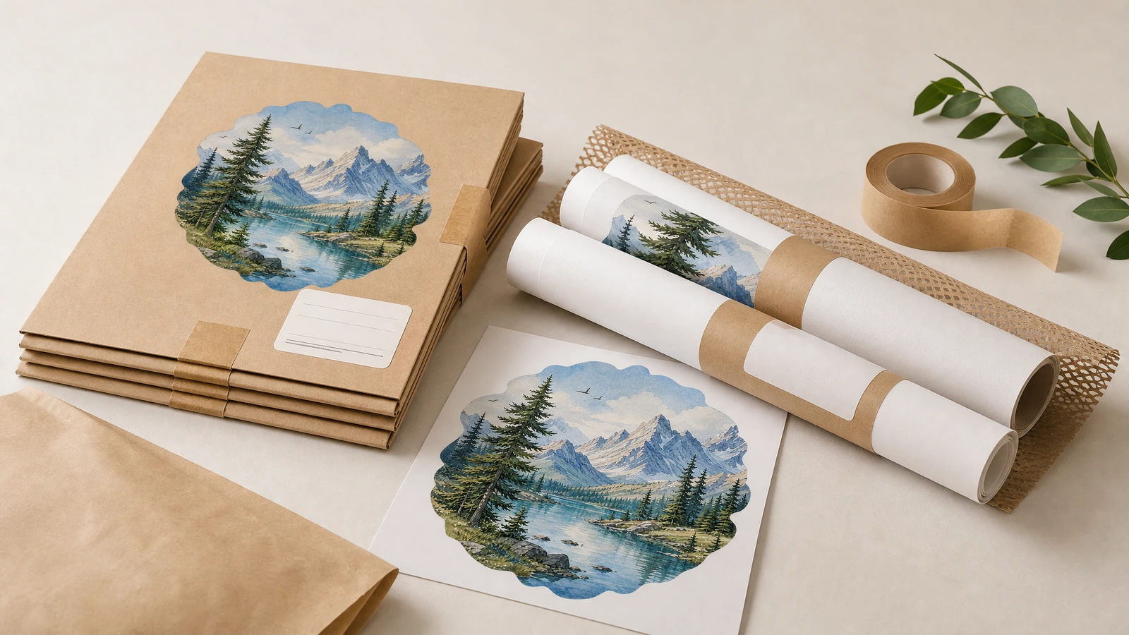 Pacotes planos de papelão, impressões enroladas com faixas de papel kraft e uma amostra de adesivo com montanha e lago sobre uma mesa