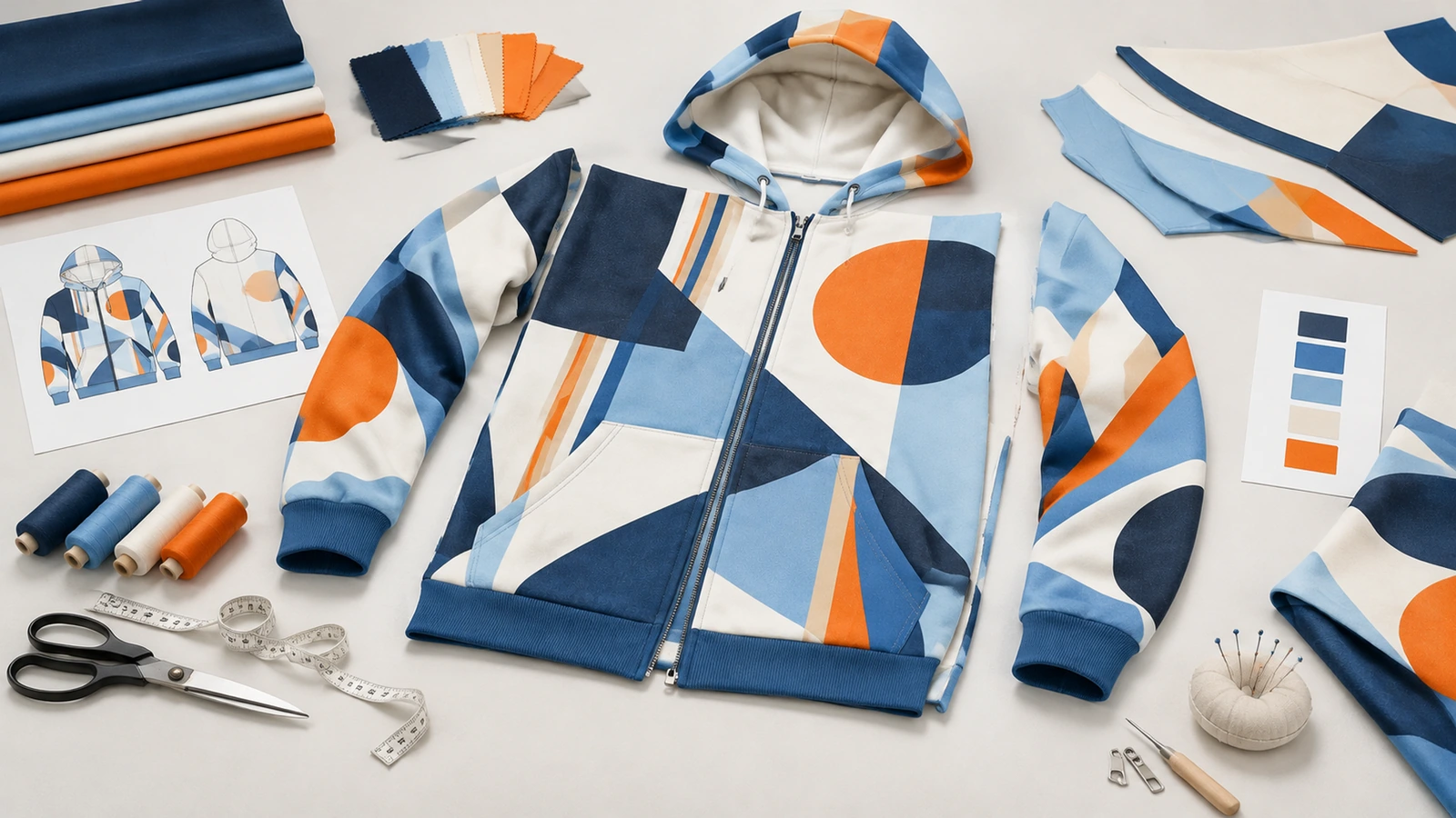 Moletom com zíper geométrico azul, laranja e branco, cercado por amostras de tecido, linha e ferramentas de costura
