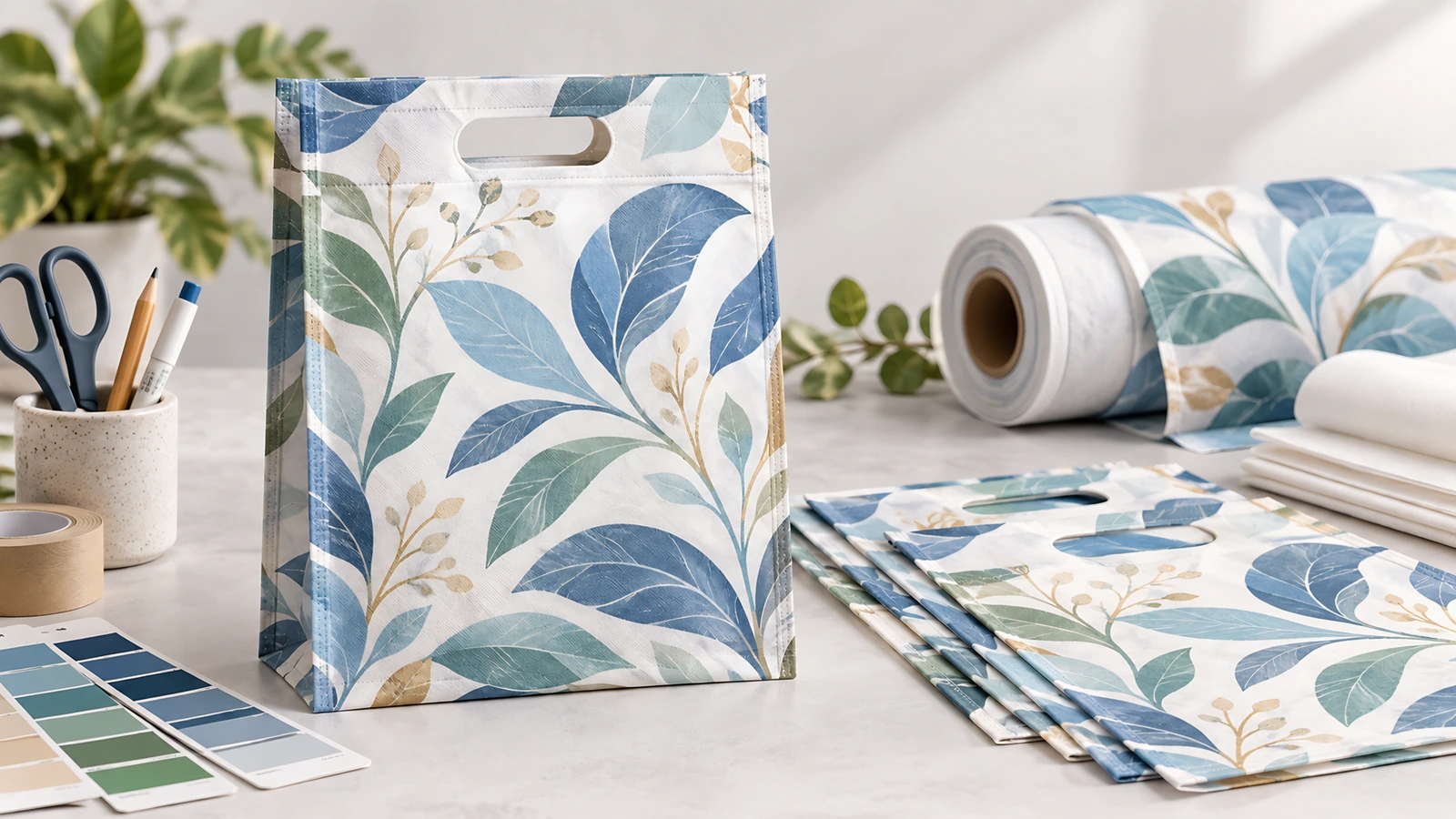 Sacola D-cut com estampa de folhas e materiais de produção Sacola D-cut azul e verde com estampa de folhas, com rolos de material impresso, sacolas empilhadas e amostras de cor