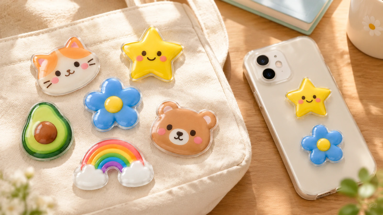 Adesivos coloridos com cúpula em formato de gato, estrela, flor, urso, abacate e arco-íris, expostos em uma bolsa de tecido ao lado de uma capa de celular decorada
