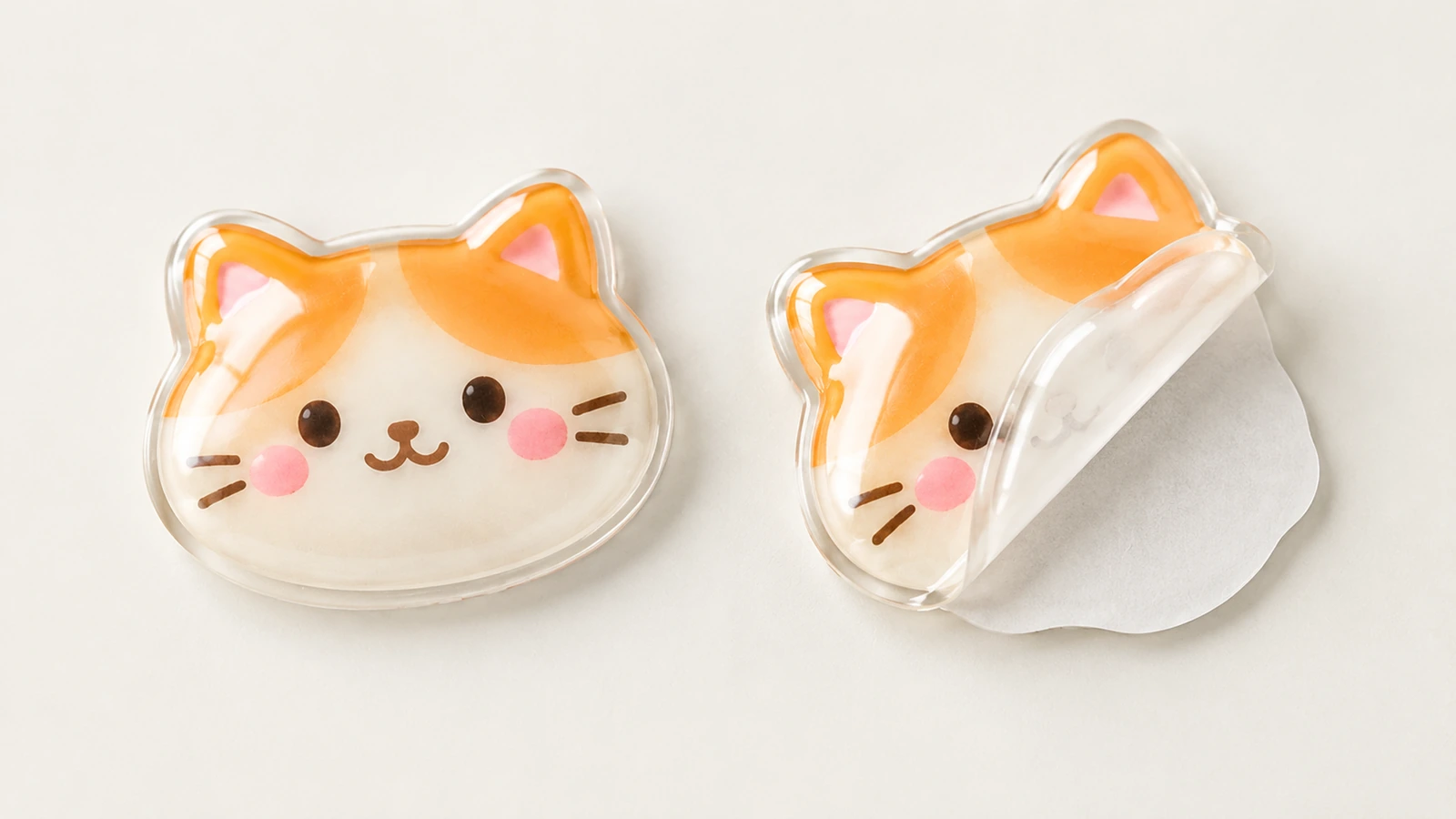 Dois adesivos com cúpula em formato de gato, um deles com o suporte branco de liberação parcialmente removido